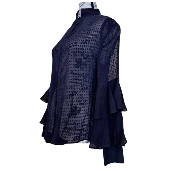 Olivia Palermo x Chelsea Blouse w/ Bell Sleeves & Mandarin Collar. Navy. Medium - Picture 5 of 12